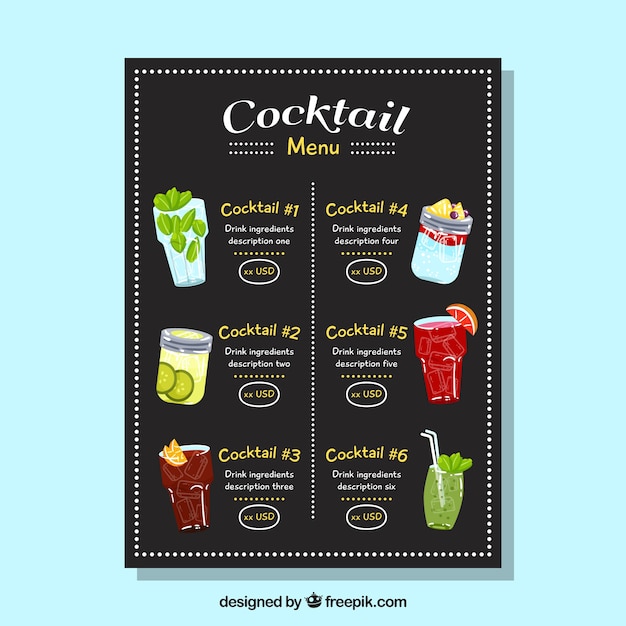 Vettore gratuito stile disegnato del modello del menu del cocktail a disposizione