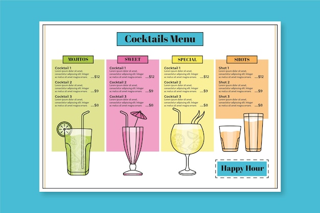 Vettore gratuito stile del modello di menu cocktail