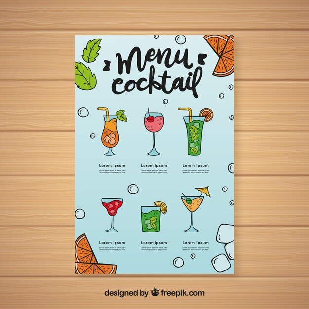 Шаблон меню коктейля с различными напитками
