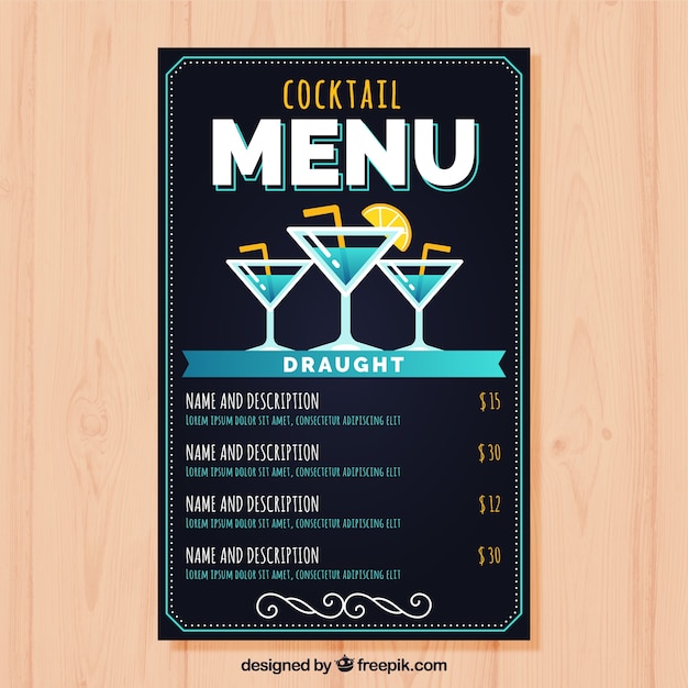 Modello di menu cocktail con design piatto