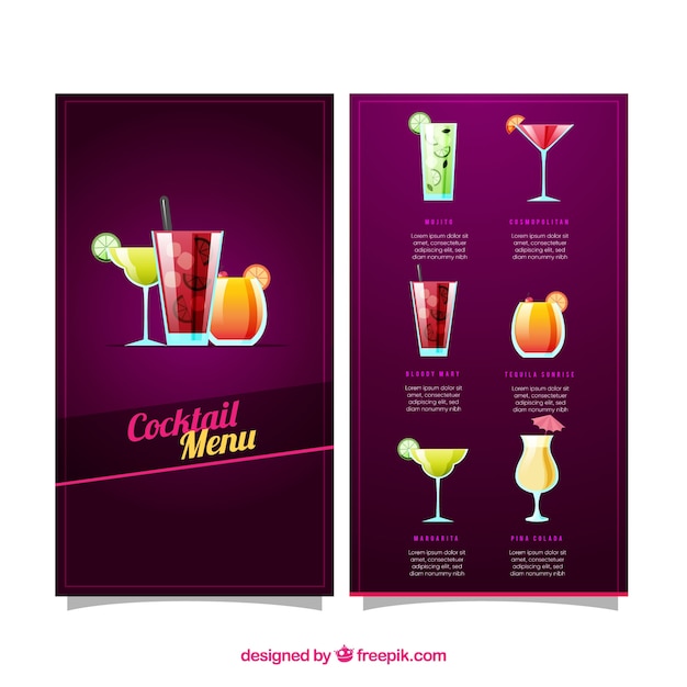 Vettore gratuito modello di menu cocktail con design piatto