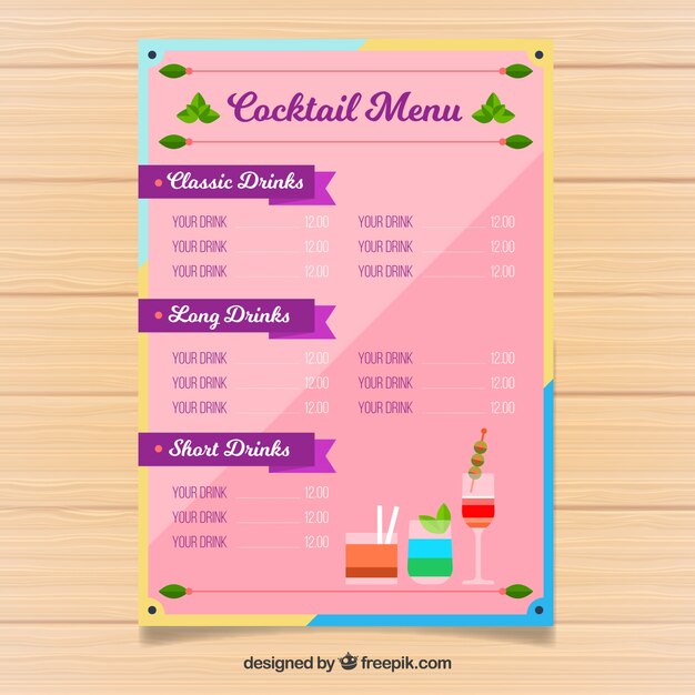 Cocktail menu template with flat design