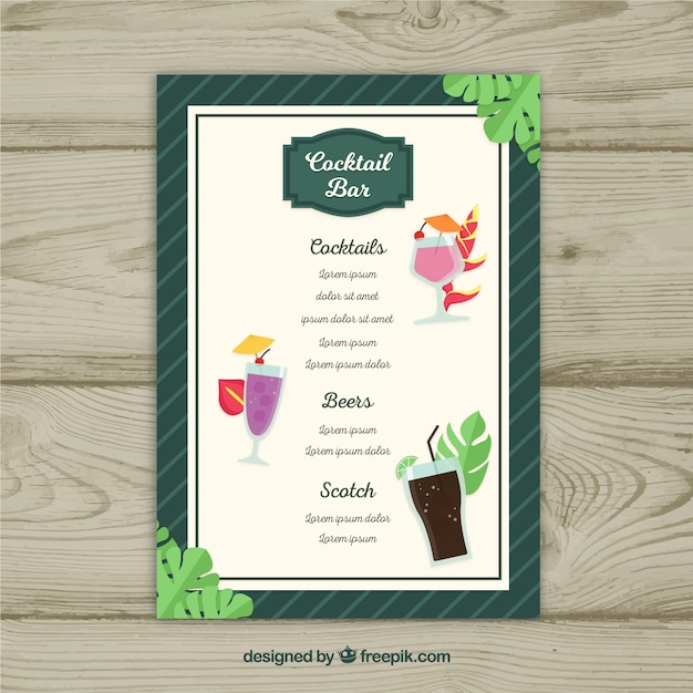 Modello di menu cocktail con design piatto