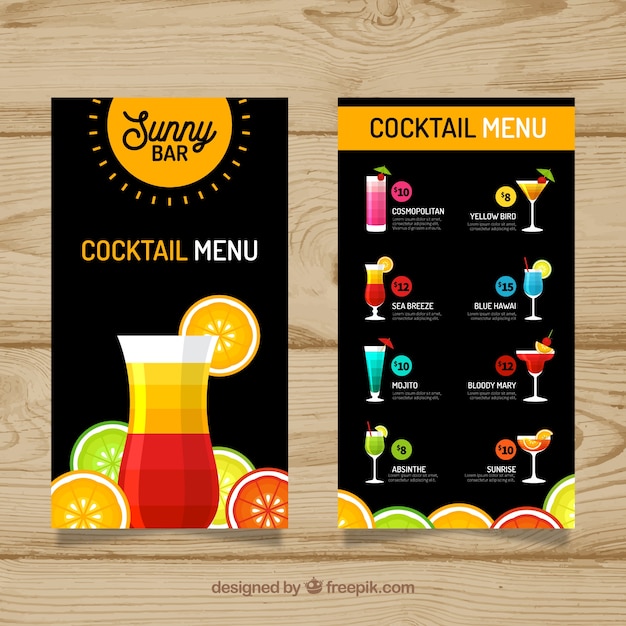 Vettore gratuito modello di menu cocktail con design piatto