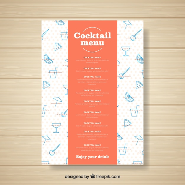 Vettore gratuito modello di menu cocktail con design piatto