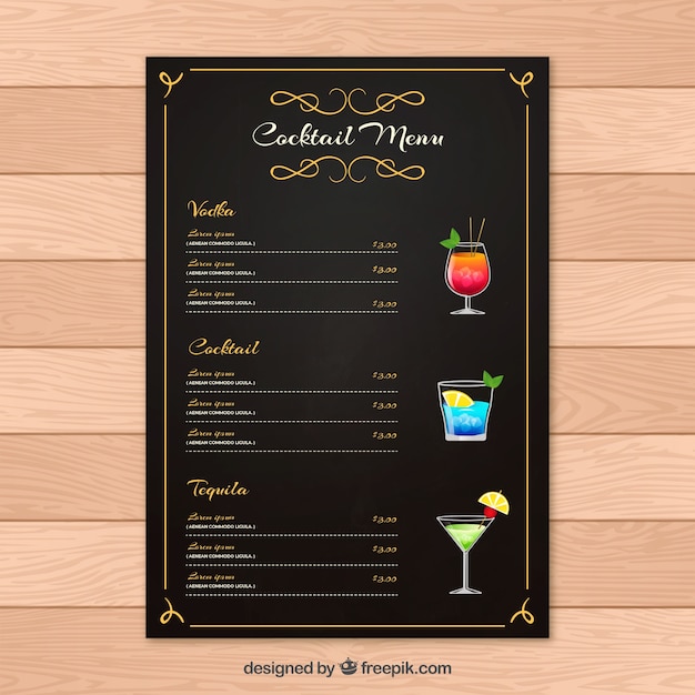 Vettore gratuito modello di menu cocktail con design piatto