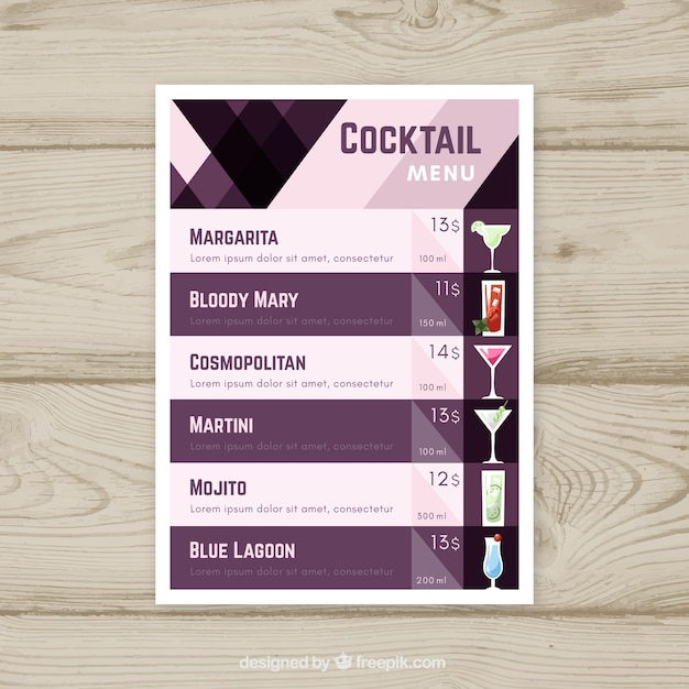 Modello di menu cocktail con design piatto