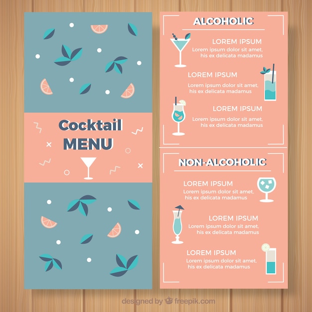 Modello di menu cocktail con design piatto