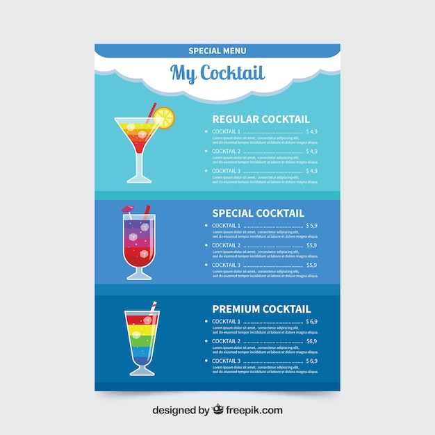 Modello di menu cocktail con design piatto