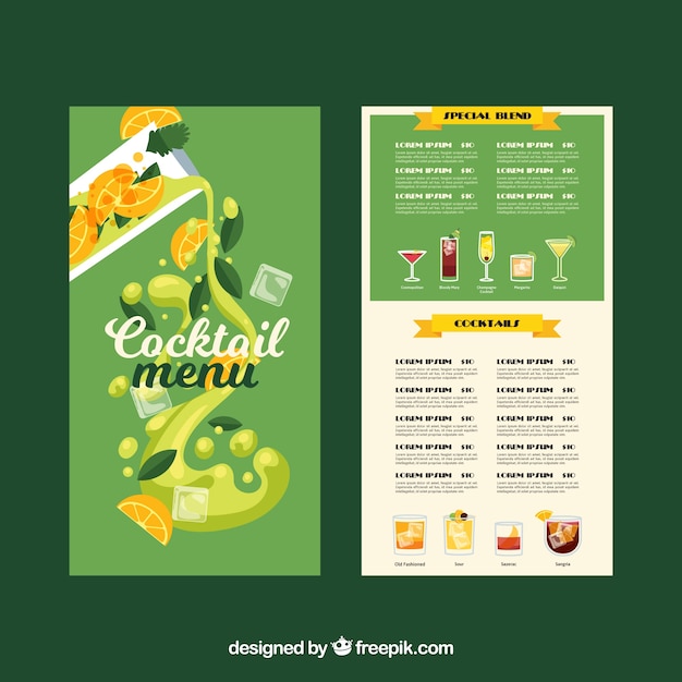 Modello di menu cocktail con design piatto