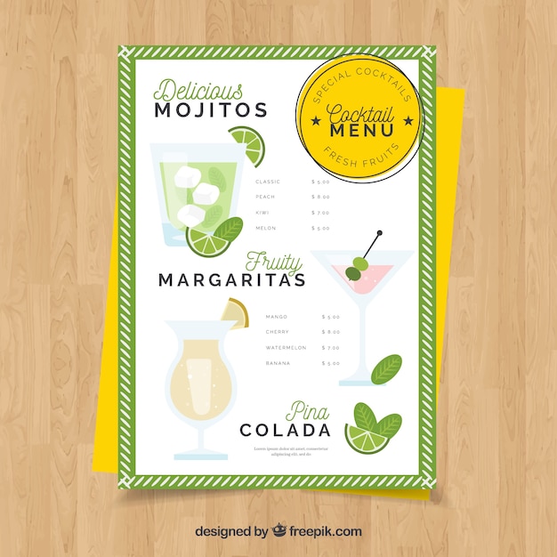 Modello di menu cocktail con design piatto