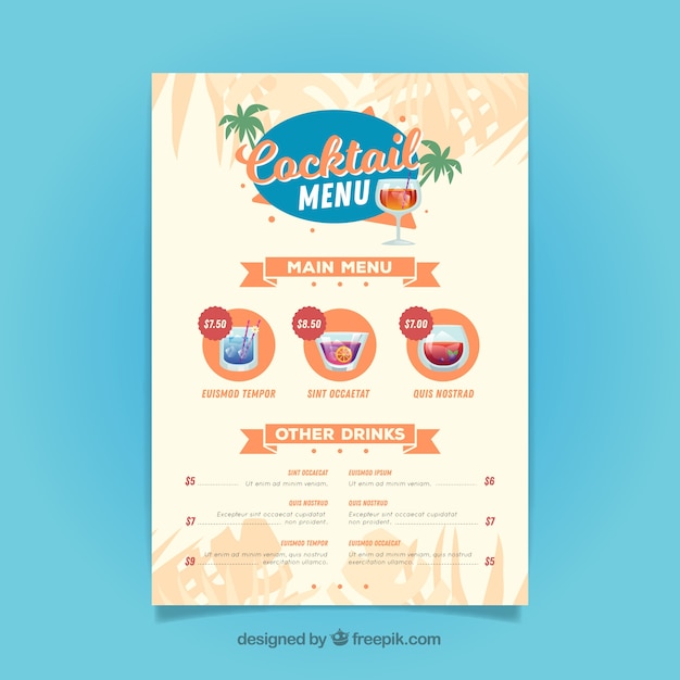 Vettore gratuito modello di menu cocktail con design piatto