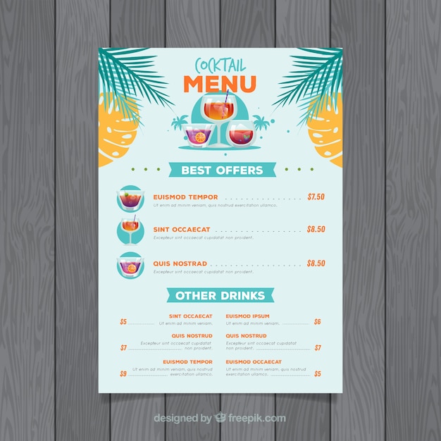 Free vector cocktail menu template with flat design