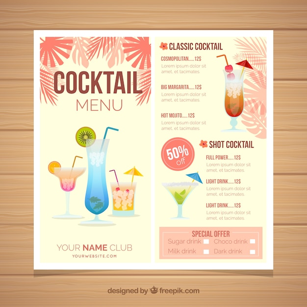 Cocktail menu template with palm leaves