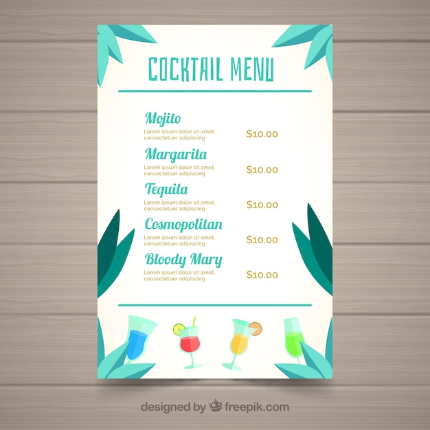 Free vector cocktail menu template with palm leaves