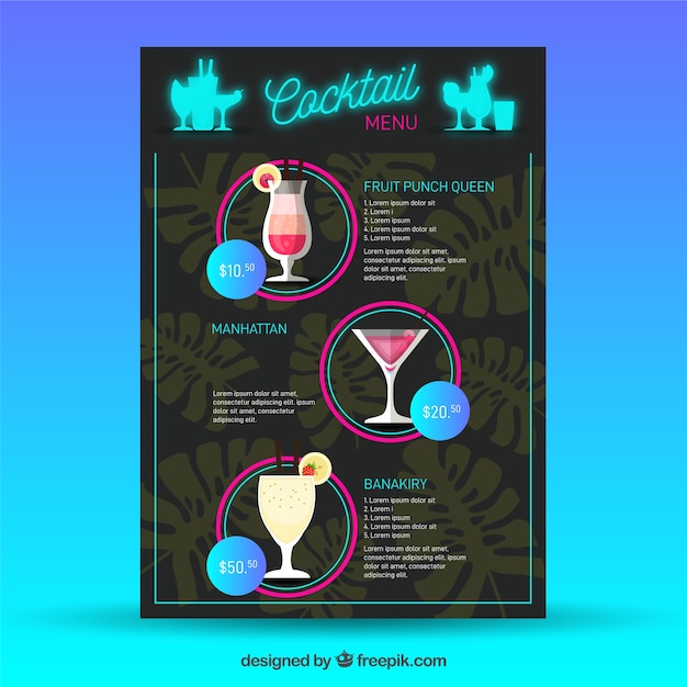 Free vector cocktail menu template with palm leaves