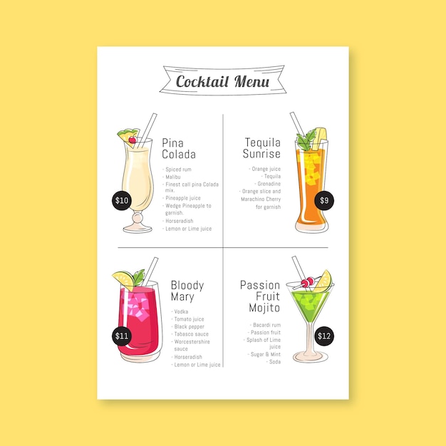 Vettore gratuito modello di menu cocktail