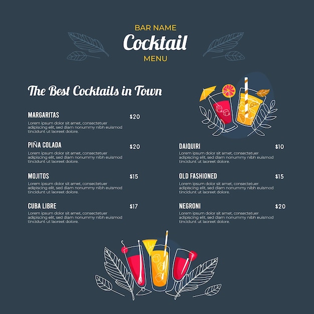 Modello di menu cocktail