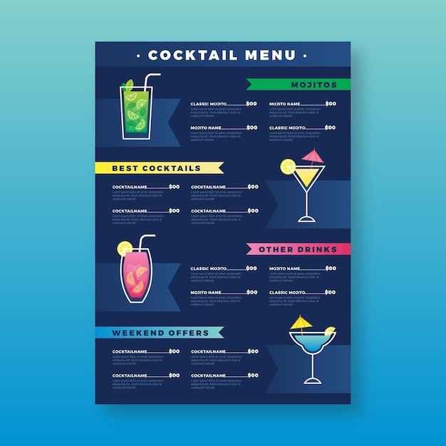 Modello di menu cocktail