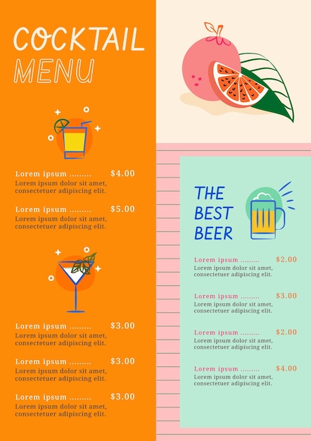 Vettore gratuito menu del cocktail