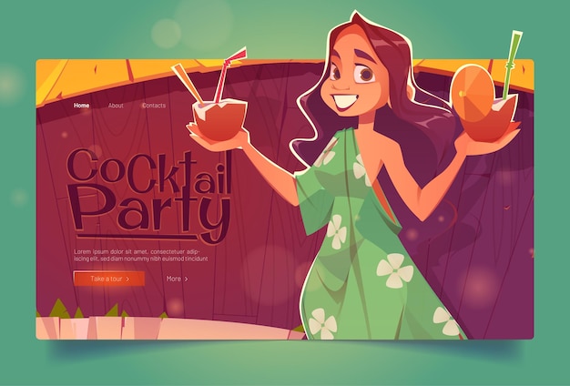 Cocktail party landing, woman with coconut drinks