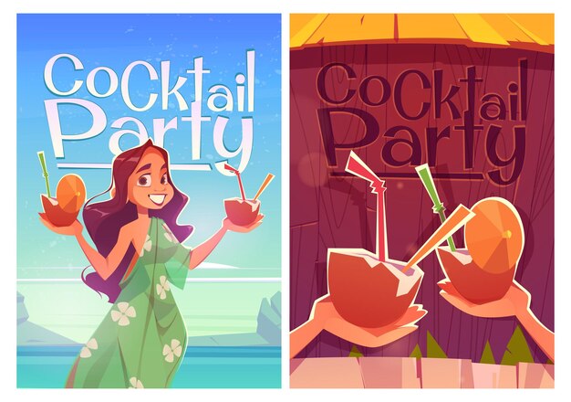 Плакаты коктейльной вечеринки с женщиной на морском пляже
