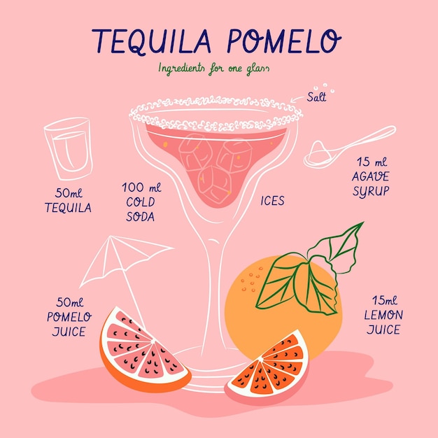 Vettore gratuito ricetta cocktail per pomelo tequila