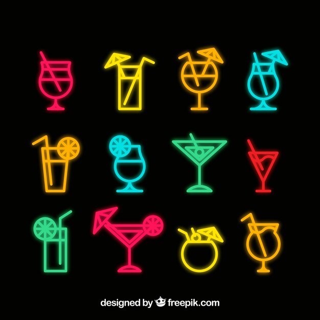 Cocktail sign collection with neon style