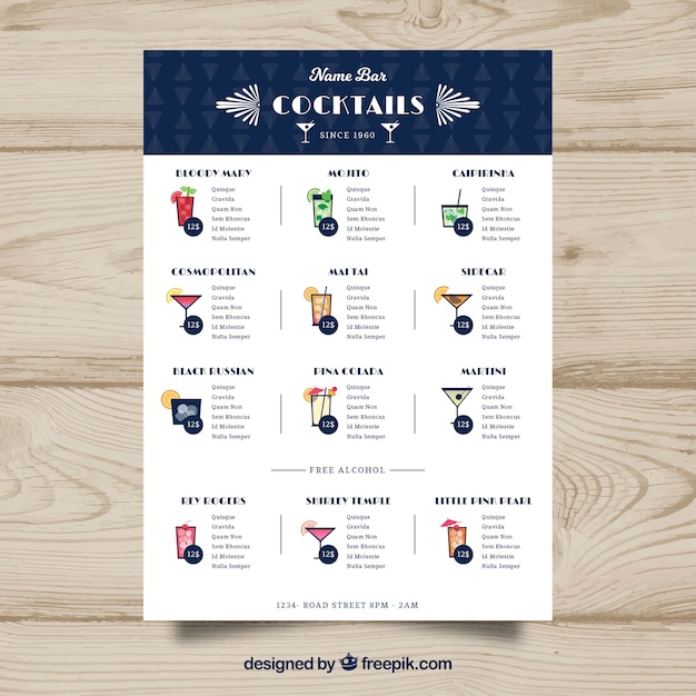 cocktails menu template in flat style