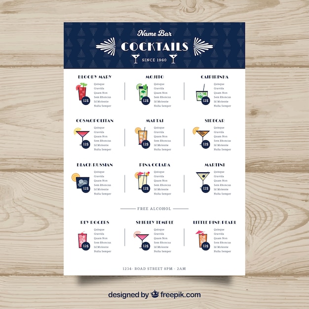 Free vector cocktails menu template in flat style