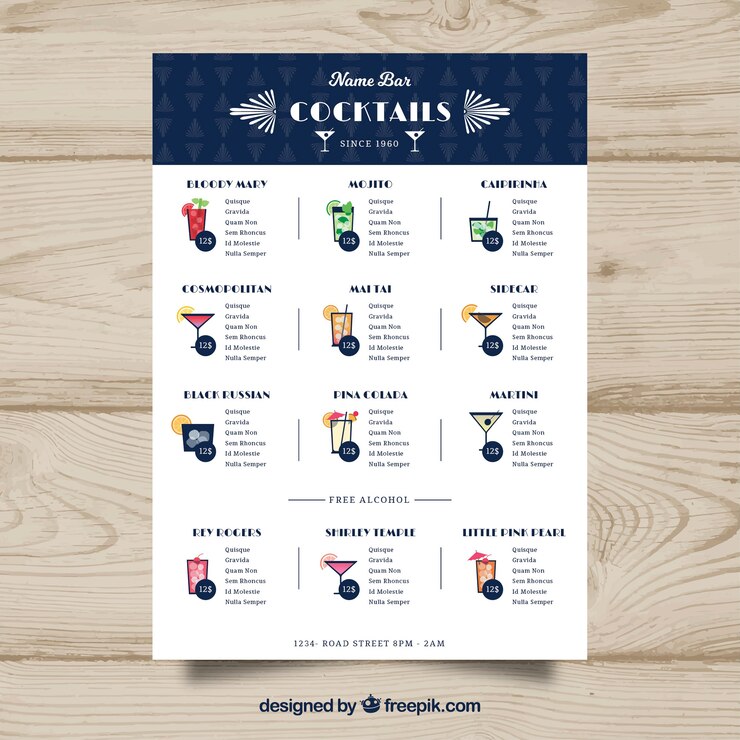 Free Vector cocktails menu template in flat style