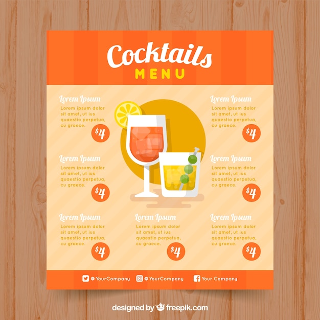 Free vector cocktails menu template in flat style