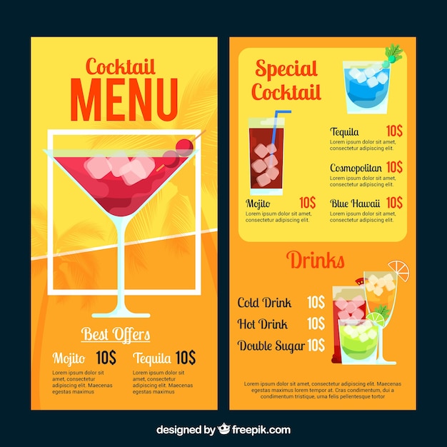 Cocktails menu template in flat style