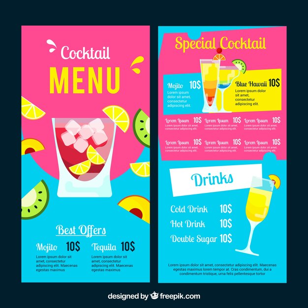 Free vector cocktails menu template in flat style