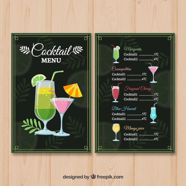 Vettore gratuito modello di menu di cocktail in stile piano