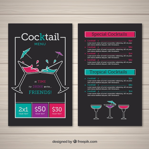 Cocktails menu template in flat style