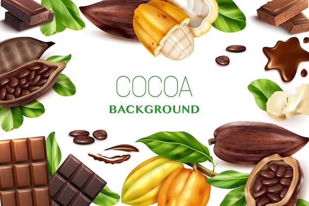 Cocoa background frame with realistic images of different types of chocolate