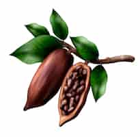 Vettore gratuito la composizione realistica nel ramo di cacao con l'immagine dei frutti del cacao sull'arto con le foglie ed i fagioli