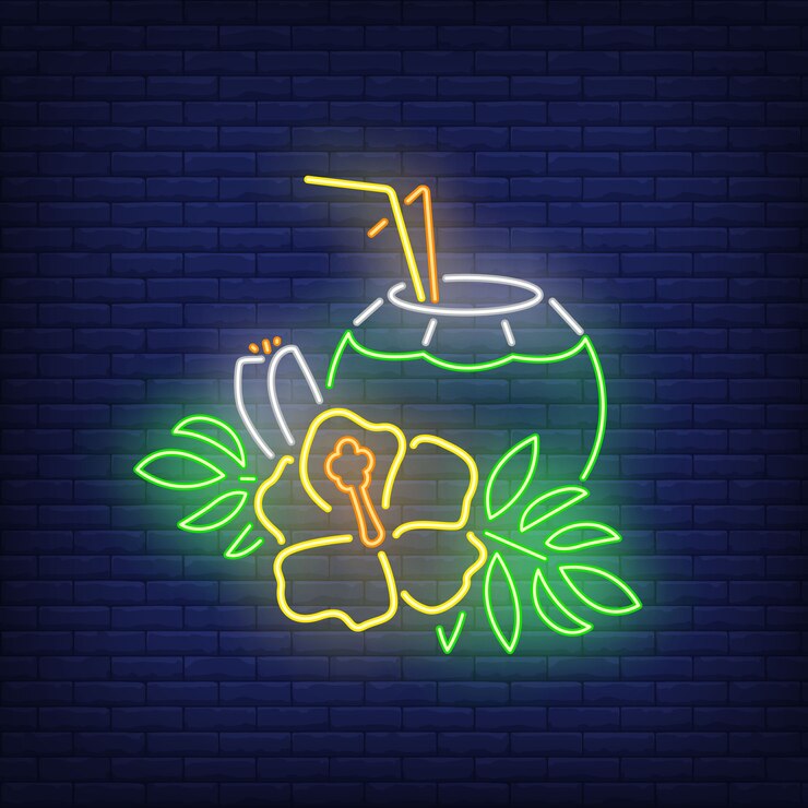 Free Vector coconut cocktail neon sign. tropical drink and yellow flower with leaves.