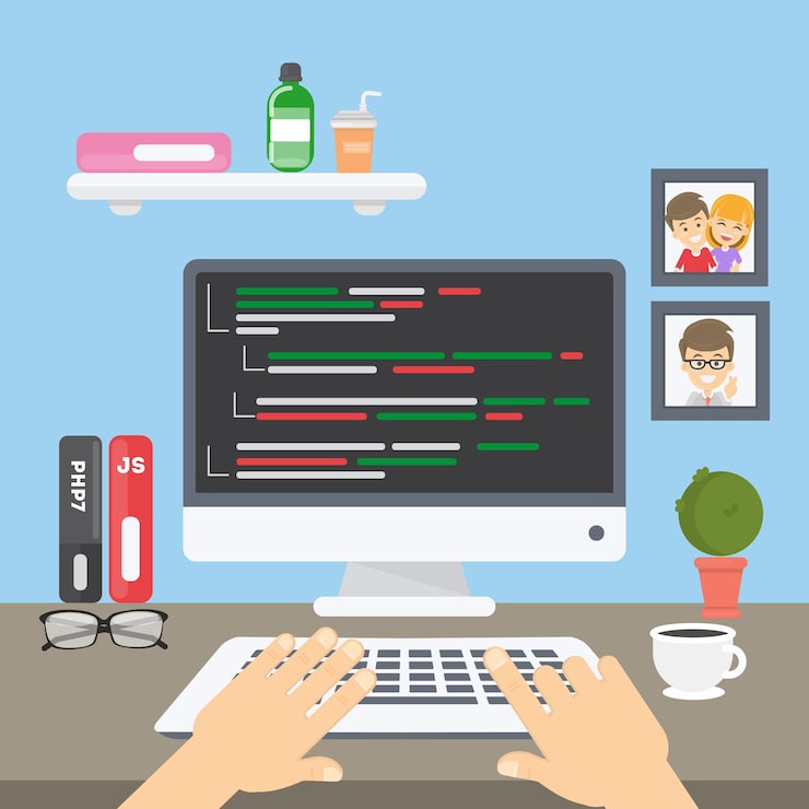 Free Vector coding at computer hands typing on keyboard computer screen with code language