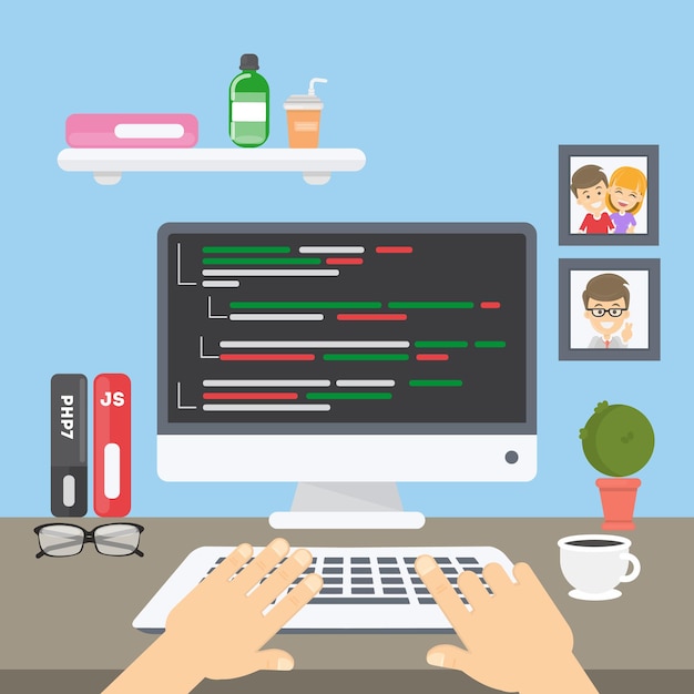 コンピューターでのコーディングキーボードで入力する手コード言語を使用したコンピューター画面