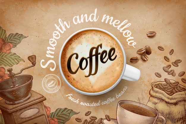 Coffee ads with top view  cup and engraved retro background in brown tone