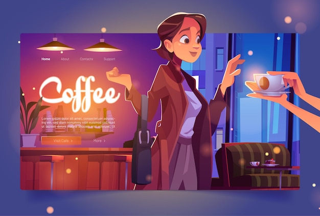 Coffee banner with woman in cafe