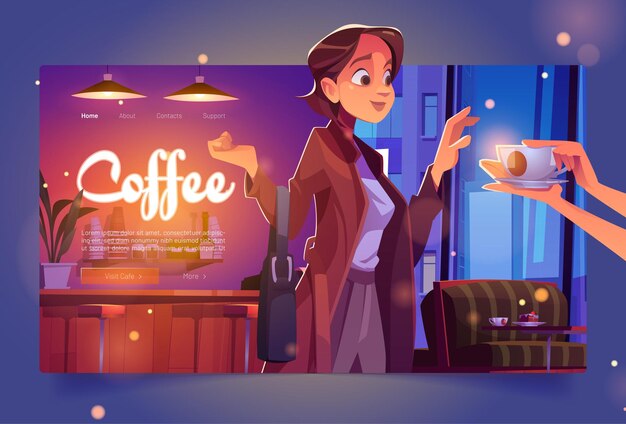 Coffee banner with woman in cafe