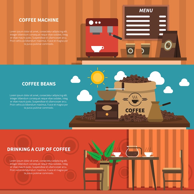 Free vector coffee bar 2 flat horizontal banners