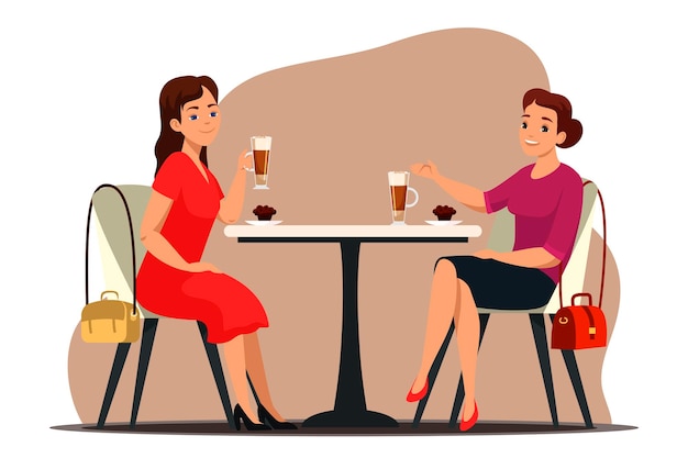Coffee break concept two women sit at table in cafe drinking beverage eating dessert