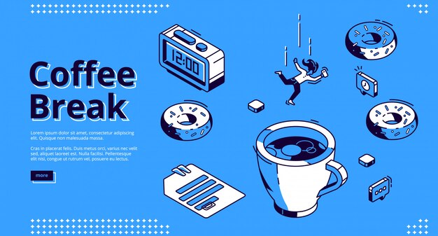 Free vector coffee break isometric landing page, breakfast