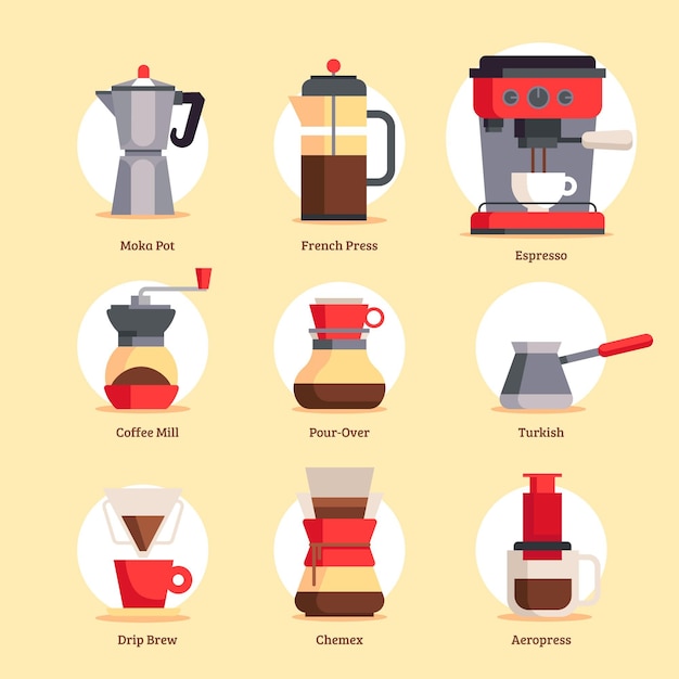 Vettore gratuito metodi di preparazione del caffè