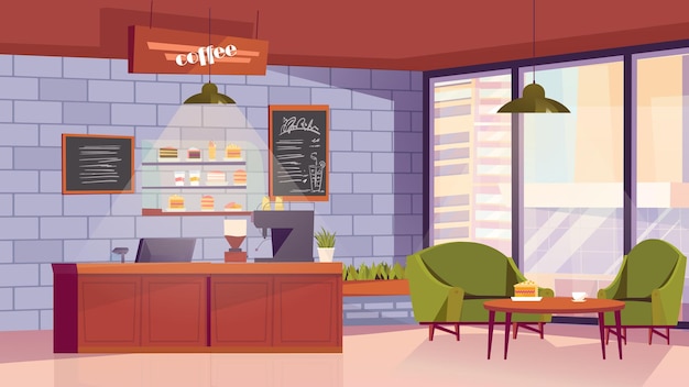 Концепция интерьера кофейного кафе в плоском мультяшном дизайне. современный зал с огромным окном, диваном и креслом, столом, стойкой, меню кафетерия, десертами, кофеваркой и прочим. векторный фон иллюстрации