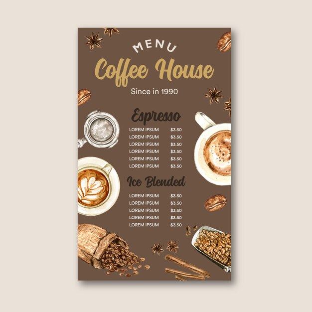 coffee cafe menu americano, cappuccino, espresso menu with bag bean, watercolor illustration